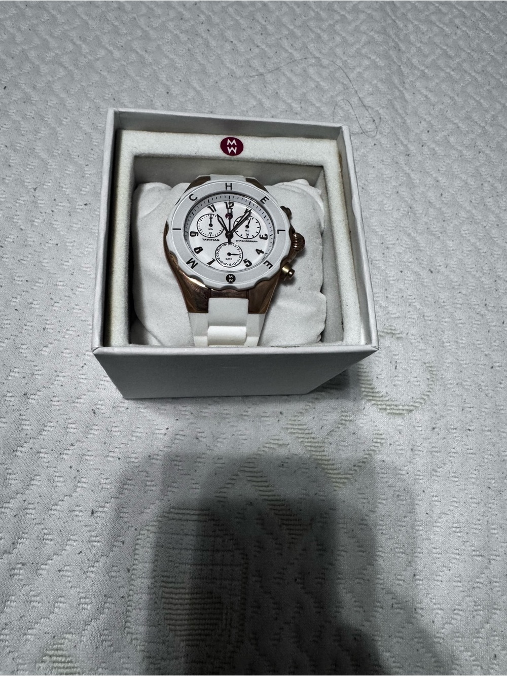 Michele White Ceramic-Style Watch with Rose Gold Accents